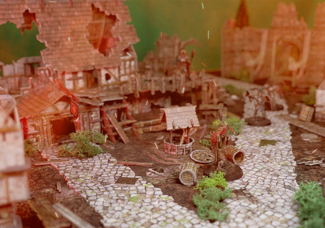 Create a ruined village compatible with Age of Sigmar, D&D, Frostgrave, and other fantasy tabletop games.