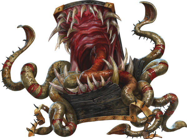 A fantasy chest has come alive and is trying to bite you. Cursed chest from the Oblivion's Maw expansion