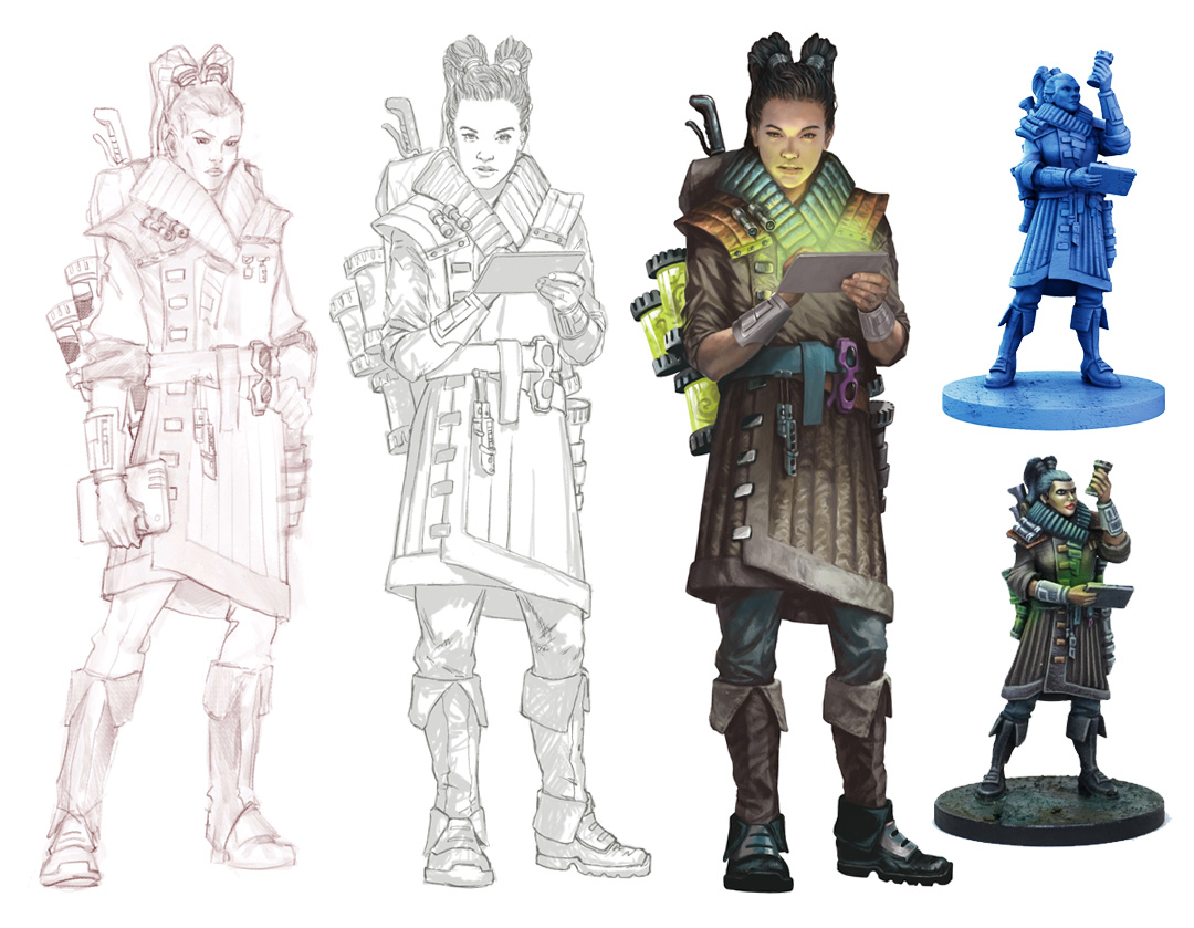 Laurinda from sketch to finished painting to painted miniature.